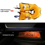 Yellow auto inflate 150N life jacket showing high buoyancy lightweight compact storage in car glove box marine safety vest