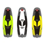 Three color variants top view gas motor jet surfboard lime green white bright yellow rush wave motorized surf board with foot strap mount