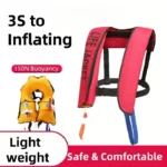 Advertising poster for 150N auto inflate life jacket 3 seconds fast inflation lightweight safe comfortable red adult boat life vest