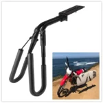 Adjustable black metal motorcycle surfboard rack with foam padding, heavy-duty surf board transport mount for dirt bikes and street motorcycles