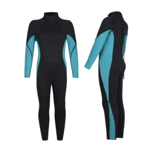 Dual front and back view full body neoprene wetsuit black with cyan side panels long sleeve back zip adult snorkeling suit