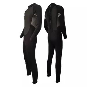 Collage front and back view black full length neoprene wetsuit vertical back zip thermal diving suit for adult water sports