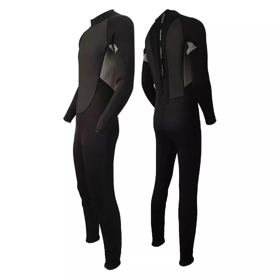 black-full-body-wetsuit-front-back-view-back-zip-neoprene-thermal-snorkeling-surf-suit-collage Collage front and back view black full length neoprene wetsuit vertical back zip thermal diving suit for adult water sports