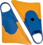 Dolphin bionic design full silicone swim fins blue orange two tone snorkel flippers underwater promotional graphic showing marine animal tail inspiration