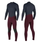 Chest zipper entry men full length neoprene wetsuit navy upper burgundy lower long sleeve padded knee surfing diving suit front back collage