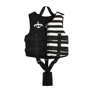 Unisex kids black white striped neoprene life vest anchor print double buckle adjustable crotch strap safety jacket for water sports jet ski