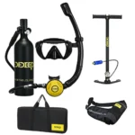 Complete DIDEEP black mini scuba diving cylinder kit with dry snorkel dive mask hand pump storage bag waist harness white background main product shot