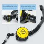 Close-up detail of DIDEEP diving regulator 360 degree universal swivel head joint flexible rotatable snorkel breathing tube accessory