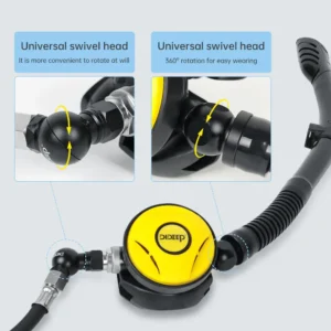 Close-up detail of DIDEEP diving regulator 360 degree universal swivel head joint flexible rotatable snorkel breathing tube accessory