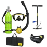 DIDEEP bright lime green portable mini diving tank full kit dry snorkel mask manual air pump carry bag waist harness retail set