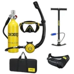 DIDEEP yellow portable mini scuba cylinder full diving kit floating dry snorkel dive mask hand inflate pump storage waist bag white background