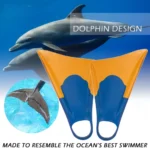 Dolphin bionic design full silicone swim fins blue orange two tone snorkel flippers underwater promotional graphic showing marine animal tail inspiration