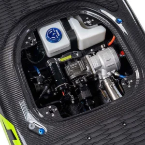 Close up internal mechanical engine fuel tank assembly of Rush Wave carbon fiber gas jet surfboard power system detail shot