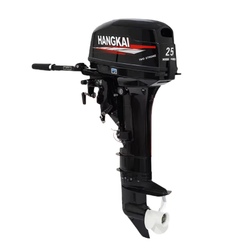 hangkai-25hp-two-stroke-gas-outboard-boat-motor-tiller-control Black Hangkai 25HP two stroke water cooled gasoline outboard motor with tiller handle for inflatable boats