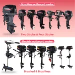 Complete Hangkai outboard motor lineup, 2 stroke & 4 stroke gasoline boat engines plus brushed brushless electric trolling motors