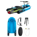 Blue portable inflatable electric jet kayak full kit with hand pump, steering handle, seat and replacement hull parts