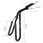 Labeled technical dimension diagram for adjustable motorcycle surfboard rack, full size measurement specs for surf board mounting bracket