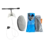 Disassembled portable electric inflatable jet kayak set including inflatable hull, steering bar and padded seat accessories
