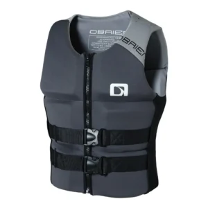 Dark grey O'Brien neoprene life jacket, front zip dual buckle watersports safety vest for wakeboarding boating