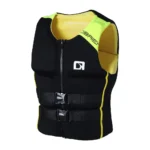 Black lime yellow O'Brien neoprene flotation vest, zip buckle life jacket for jet ski wake surf water activities