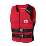 Red O'Brien neoprene life vest, double buckle zip front watersports flotation jacket for wakeboarding jet ski surfing