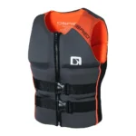 Grey orange trim O'Brien neoprene wake life vest, dual buckle zip front boating jet ski safety jacket