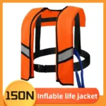Orange high visibility reflective strip 150N automatic inflatable life jacket adjustable harness adult marine safety vest