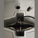Side view factory photo Yak Outdoors brushless trolling motor propeller unit mounted on kayak hull bottom underwater thruster assembly