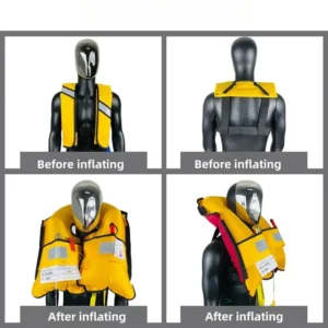 Mannequin demonstration yellow auto inflate life jacket before and after inflation front and back view buoyancy vest