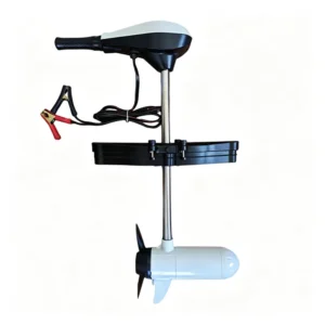 Full set 12V kayak electric trolling motor with mounting bracket and battery clamps, white background