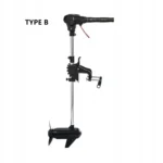 Full side view of 12V outboard trolling motor with extended shaft and underwater propeller unit
