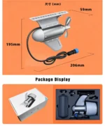 450W brushless kayak electric motor unit dimensions and retail package contents display on orange background