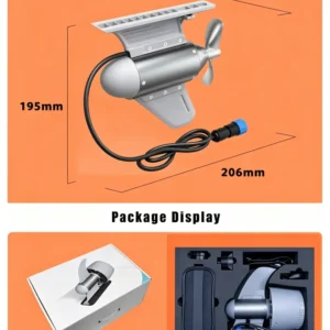 450W brushless kayak electric motor unit dimensions and retail package contents display on orange background