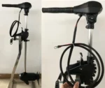 Rear view of 960W electric outboard trolling motor with power connection cables and housing
