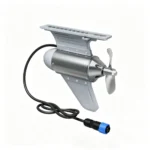 Angled product shot of 450W brushless kayak outboard motor with power cable