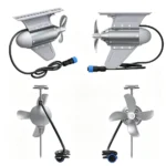 Four angle views of 450W brushless kayak electric propeller motor unit on white background