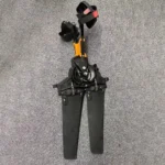 Side view of fishing kayak metal pedal fin drive system