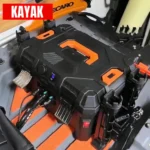 IP68 waterproof battery box installed on teal fishing kayak with connected power cables
