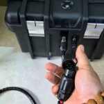 Closeup of IP68 waterproof electric thruster plug connector for kayak battery box