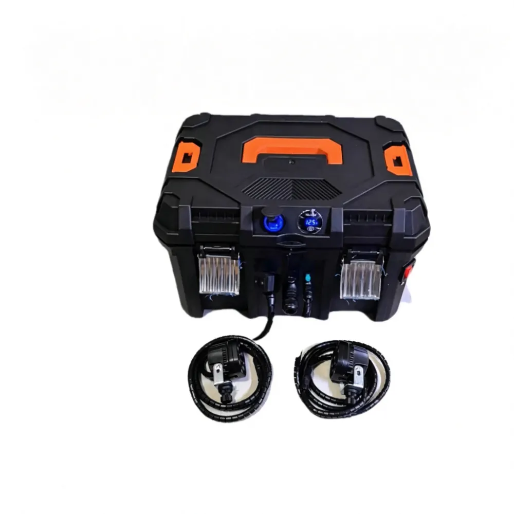 ip68-kayak-battery-box-full-kit-with-led-spotlights Full kit of IP68 kayak battery box with dual LED spotlight accessories on white background