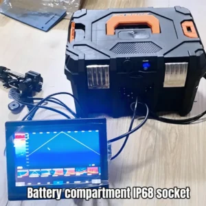 IP68 waterproof kayak battery box connected to fish finder display screen for on-water testing