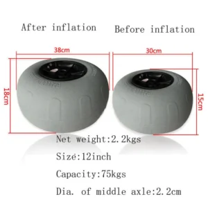 Size comparison chart of 12 inch kayak balloon wheel before and after full inflation