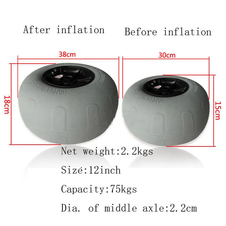 kayak-balloon-wheel-before-after-inflation-size-chart Size comparison chart of 12 inch kayak balloon wheel before and after full inflation