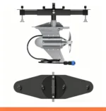 Front view of 450W kayak electric motor with complete mounting bracket assembly