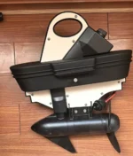 Bottom view of kayak trolling motor base mounting bracket and connection hardware