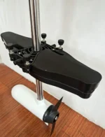 Closeup of adjustable mounting bracket for 12V kayak trolling motor with tightening knobs